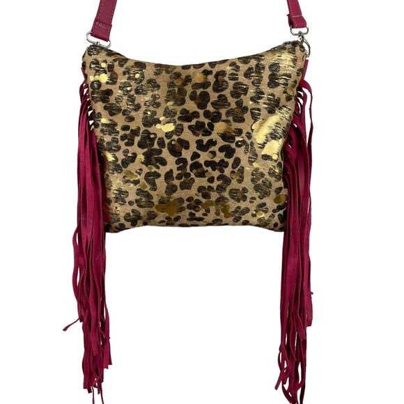 Gun Slinging Gypsy Crossbody Pink Leather Fringe Brown Hide Shoulder Bag